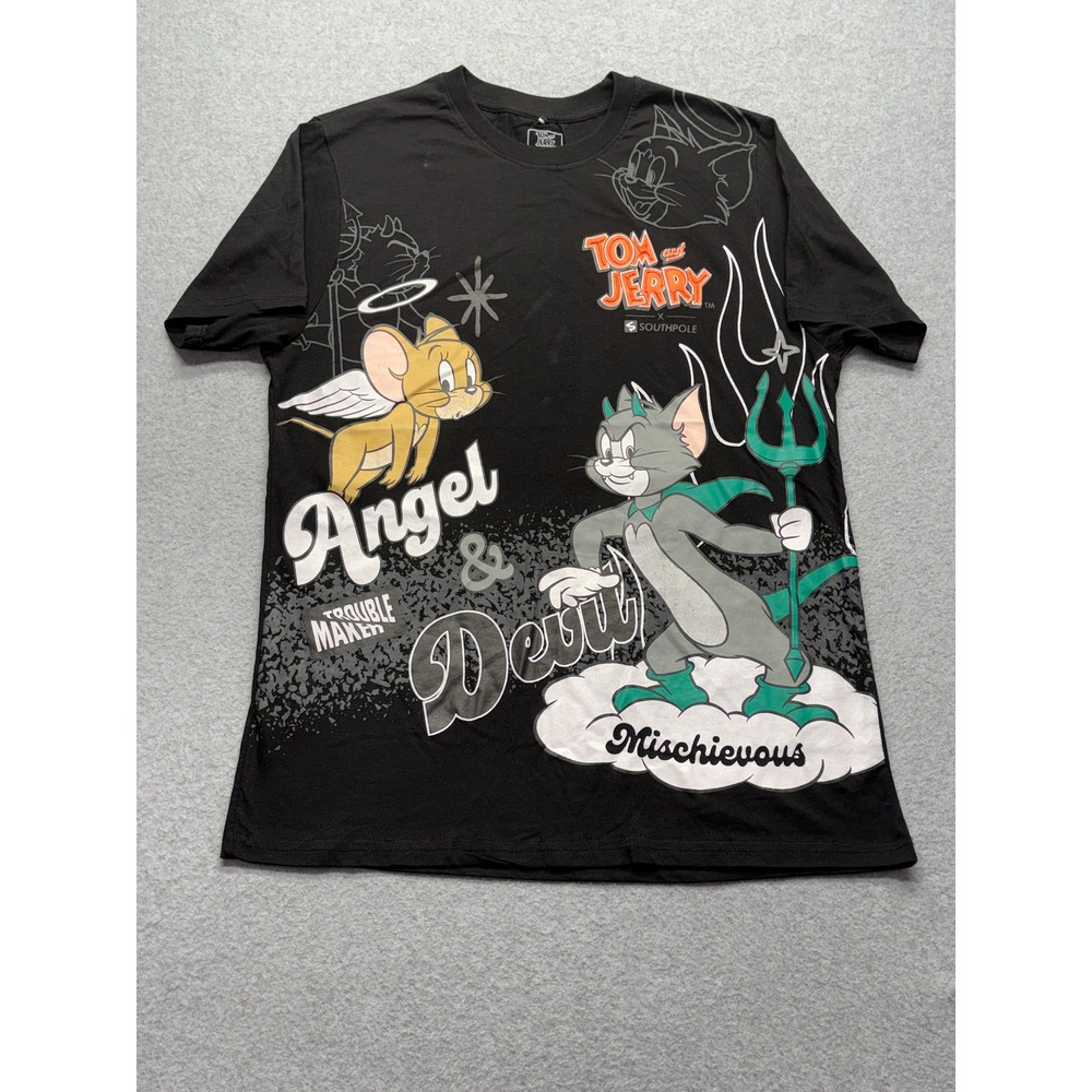 Southpole Tom and Jerry Angel Devil Graphic T-Shirt Black XL Mens Mischievous